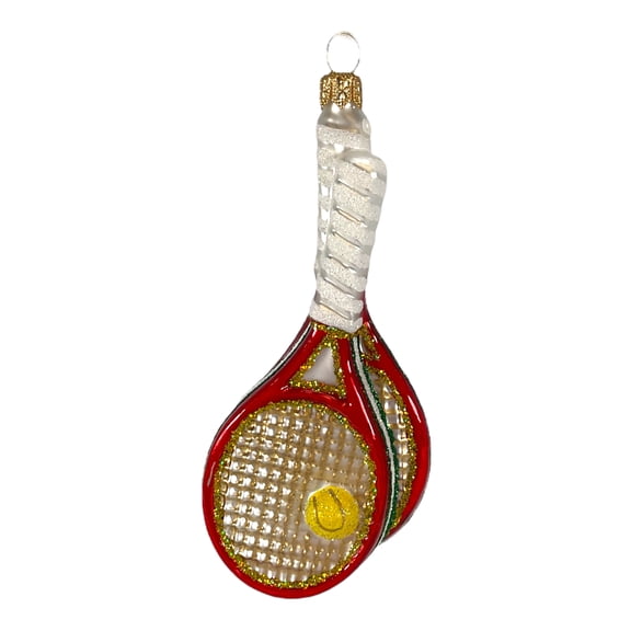 Pinnacle Peak Trading Red Tennis Rackets with Ball Polish Blown Glass Hanging Christmas Tree Ornament 4.5 inch