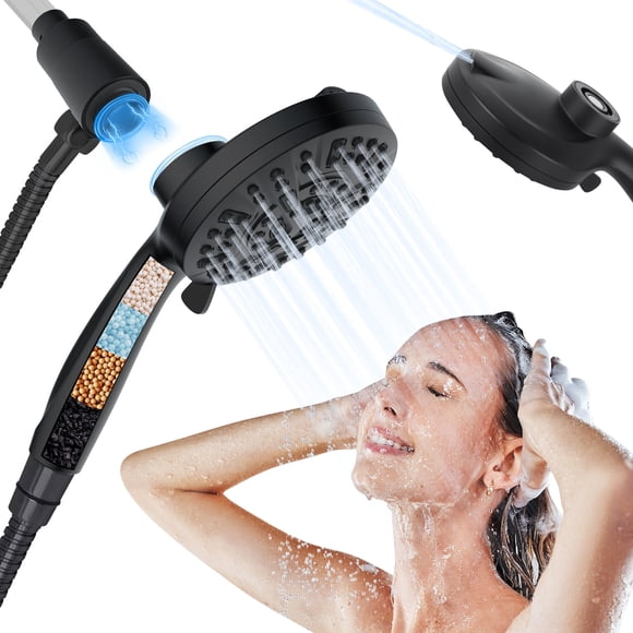PHANCIR Cabezal de Ducha Magnético de Mano con 10 Modos de Pulverización, Cabezal de Ducha Antiobstrucción Grande de 5", Filtro Suavizante de Agua Dura, Manguera de 59" y Alta Presión para Baño, Negro