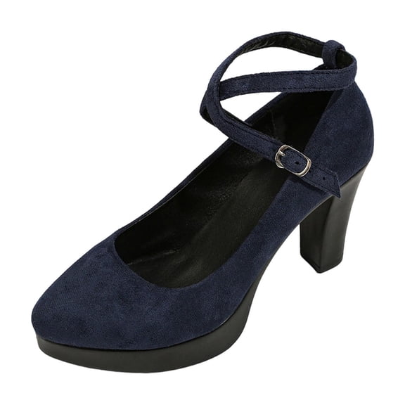 Gpaecead Women's Platform Chunky High Heel Dress Shoes Faux Suede Texture Cross Ankle Strap Shoes For Casual Blue