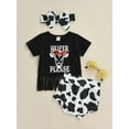 thumbnail image 2 of Liacowi Infant Girl Short Sleeve Tops + Shorts + Bow Headband Tassel Letter Cow / Camouflage / Rainbow Clothing Outfits Set, 2 of 9