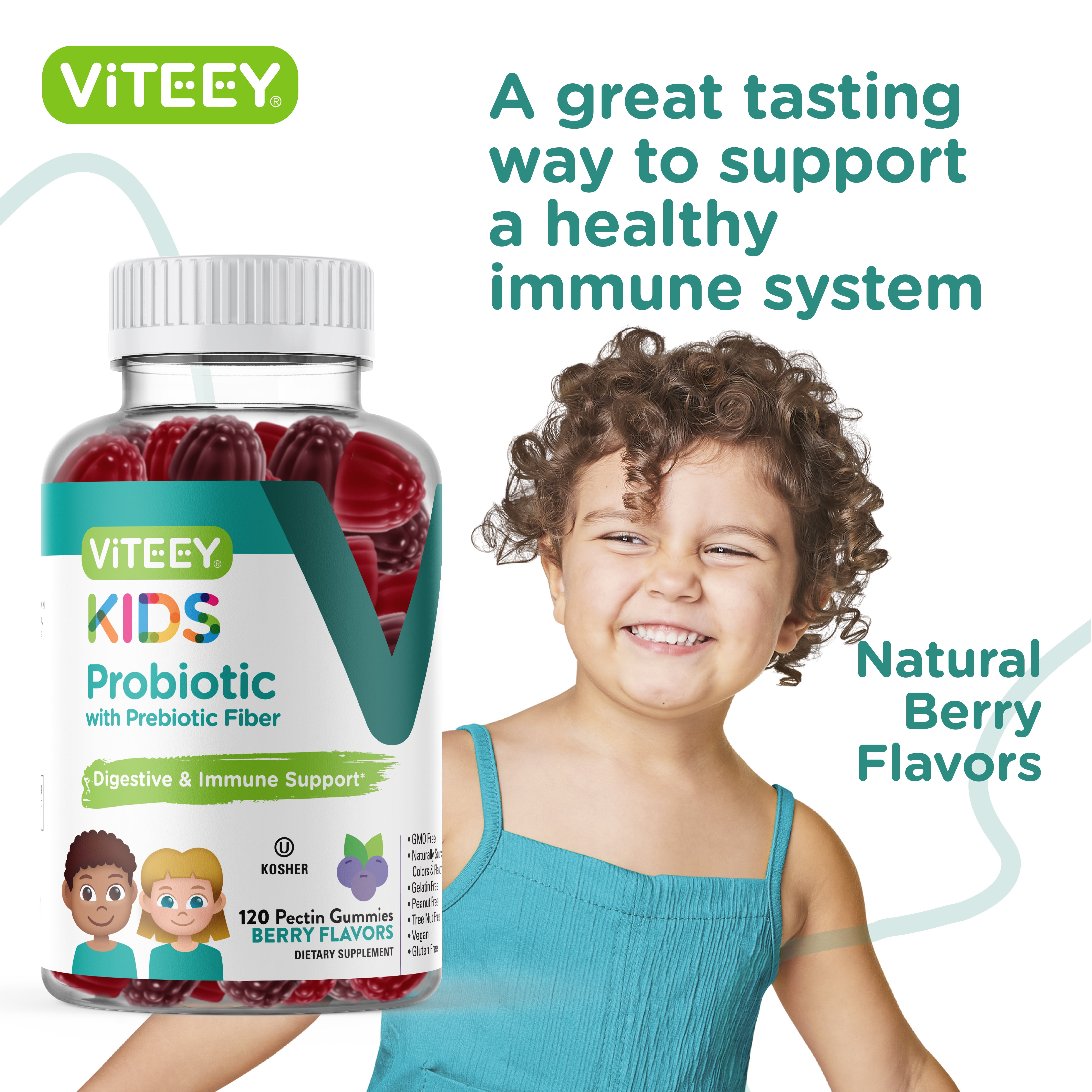 VITEEY Kids Probiotic Gummies with Prebiotic Fiber, Digestive Health & Immune Support, 120 Ct
