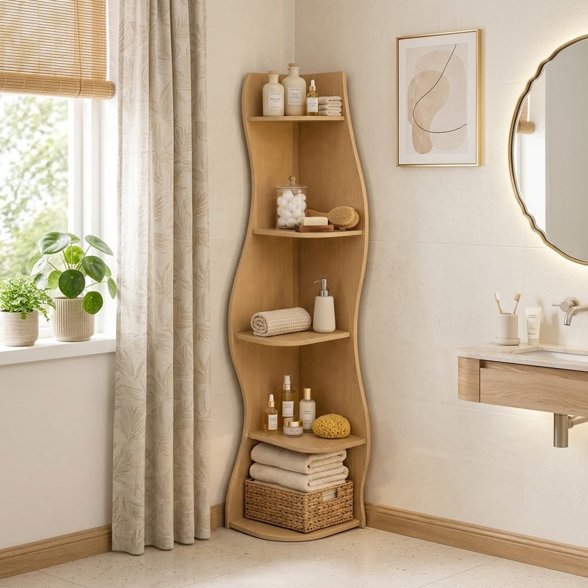 5-Tier Corner Shelf S-Shaped with Curved Modern Design, Freestanding Display Rack and Bookshelf Plant Stand for Living Room Bedroom Bathroom, Natural Wood