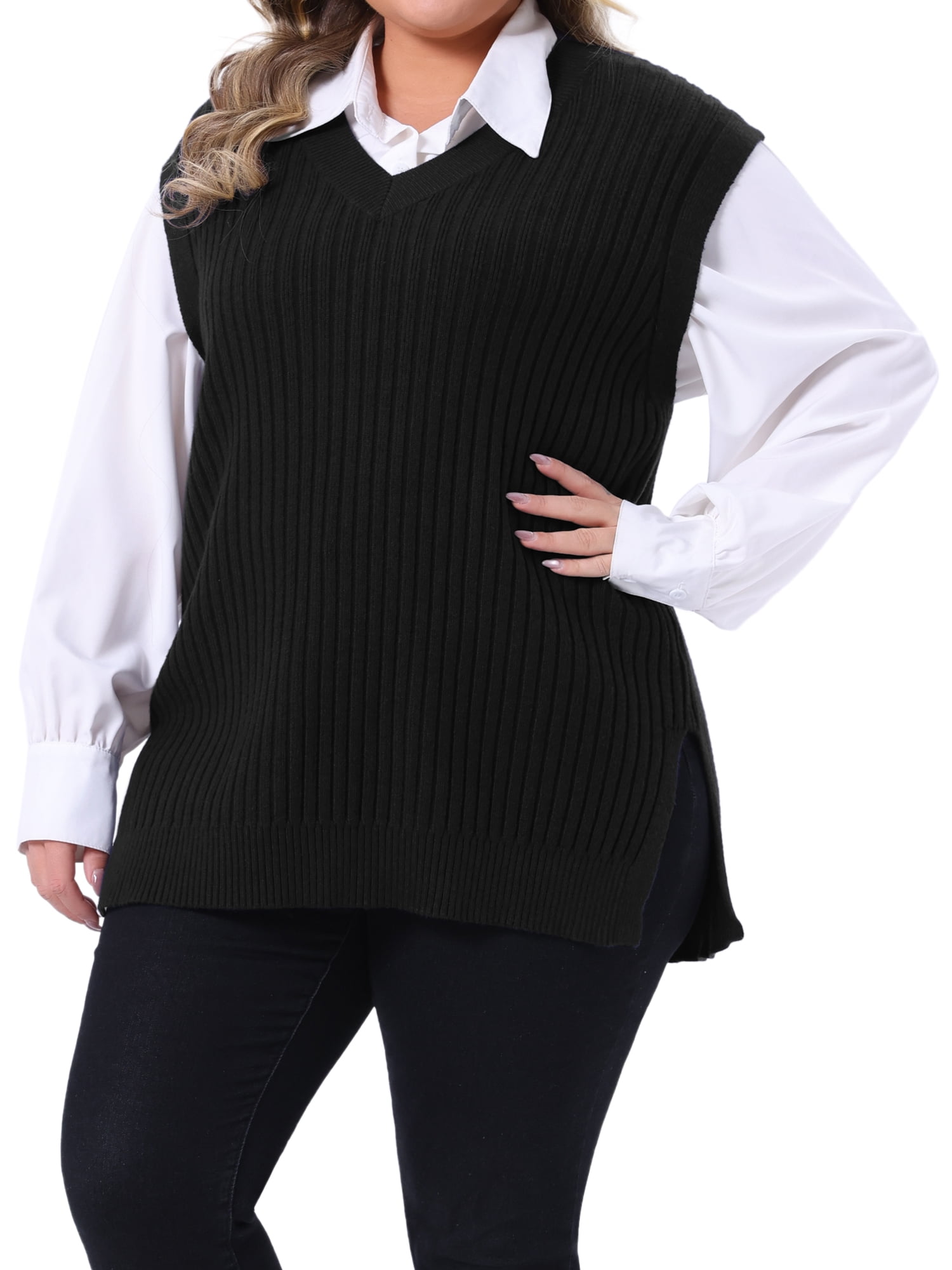 DARING DIVA Women's Plus V Neck Knit Split Hem Sweater Vest 3X Black