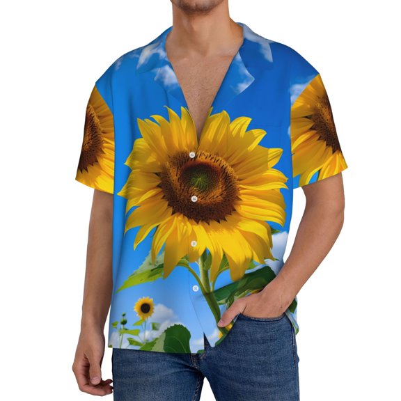 Logiee Blue Sky Sunflower Print Men's Button Down Shirts Short Sleeve, Summer Beach Shirts,Vacation Wedding Shirts,Men's Casual Button-Down Shirts with Pocket-Small