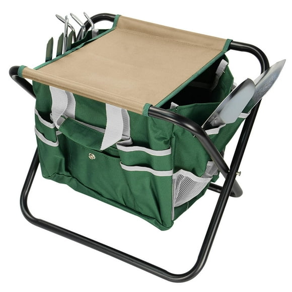 7 Piece Garden Tool Set, Heavy Duty Folding Stool with 5 Sturdy Stainless Steel Tools and Detachable Canvas Tool Bag