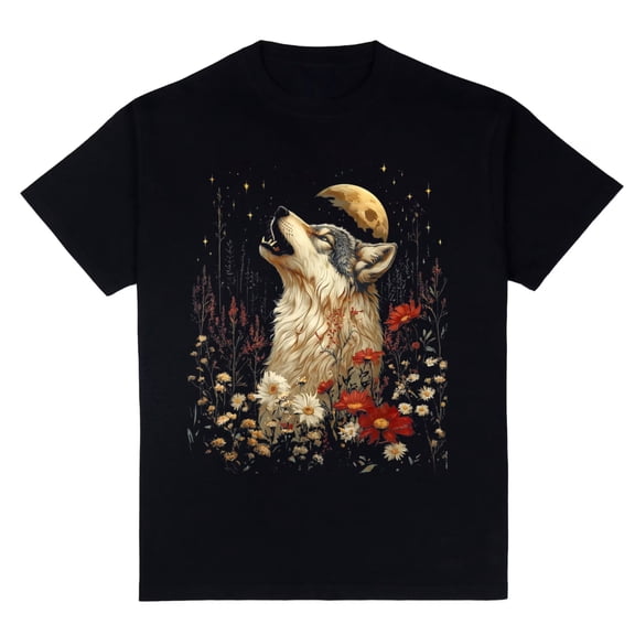Childrens Wear Howling Wolf Moon And Flowers Graphic Tee For Kids Cute Nature Lover Gift Unisex Short Sleeve Cotton Tee