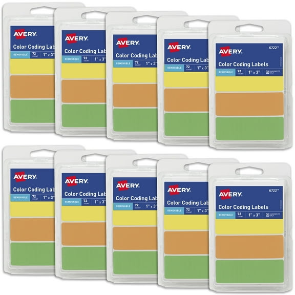 Avery Removable Color-Coding Stickers, 72 per Pack, 10 Packs Assorted Colors, 720 Total (06722)