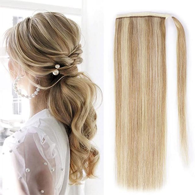 Extensión de cola de caballo Cabello humano Marrón claro y rubio blanqueado Clip en extensión de cabello de cola de caballo Cabello humano 100% real Envoltura alrededor de cola de caballo Postizo de cola de caballo largo y recto Cabello de cola de caballo de 22 pulgadas oso de fresa Electrónica