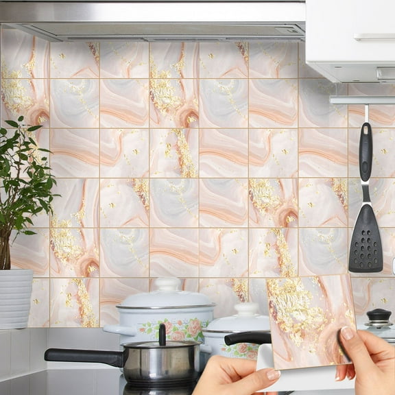 Marble wall stickers self adhesive kitchen oil proof tile stickers, 9-Piece Peel and Stick Tile Backsplash for Kitchen Bathroom