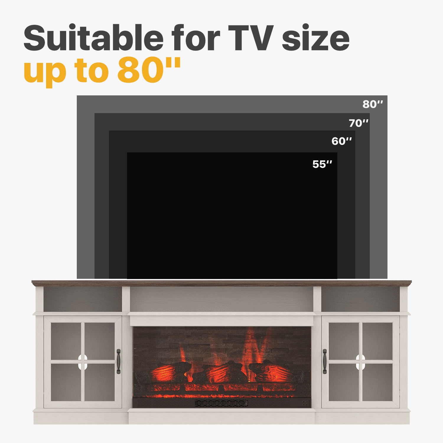 Sonegra 70 inch Fireplace TV Stand for TVs up to 80" with Electric Fireplace, Farmhouse Entertainment Center with LED Lights and Glass Door, Modern TV Consoles for Living Room, White