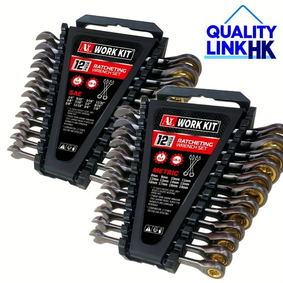 12/24pcs Ratcheting Combination Wrench Set, Metric & SAE Standard, Black Nickel Coated CR-V Steel - Heavy-Duty Master Wrench Set for Home Automotive Mechanical Repairs
