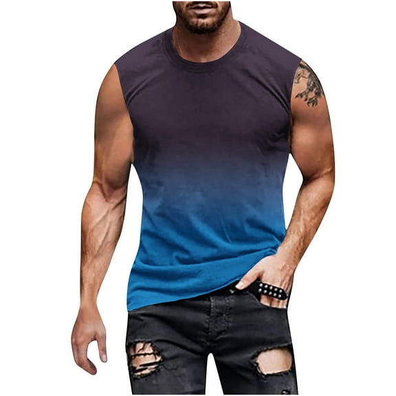 Ruimatai Cotton Sleeveless Beach Shirts for Men Plus Size Gradient Sleeveless Tank Top Regular Pullover Round Neck Sleeveless T-shirt Casual Sports Tank Top