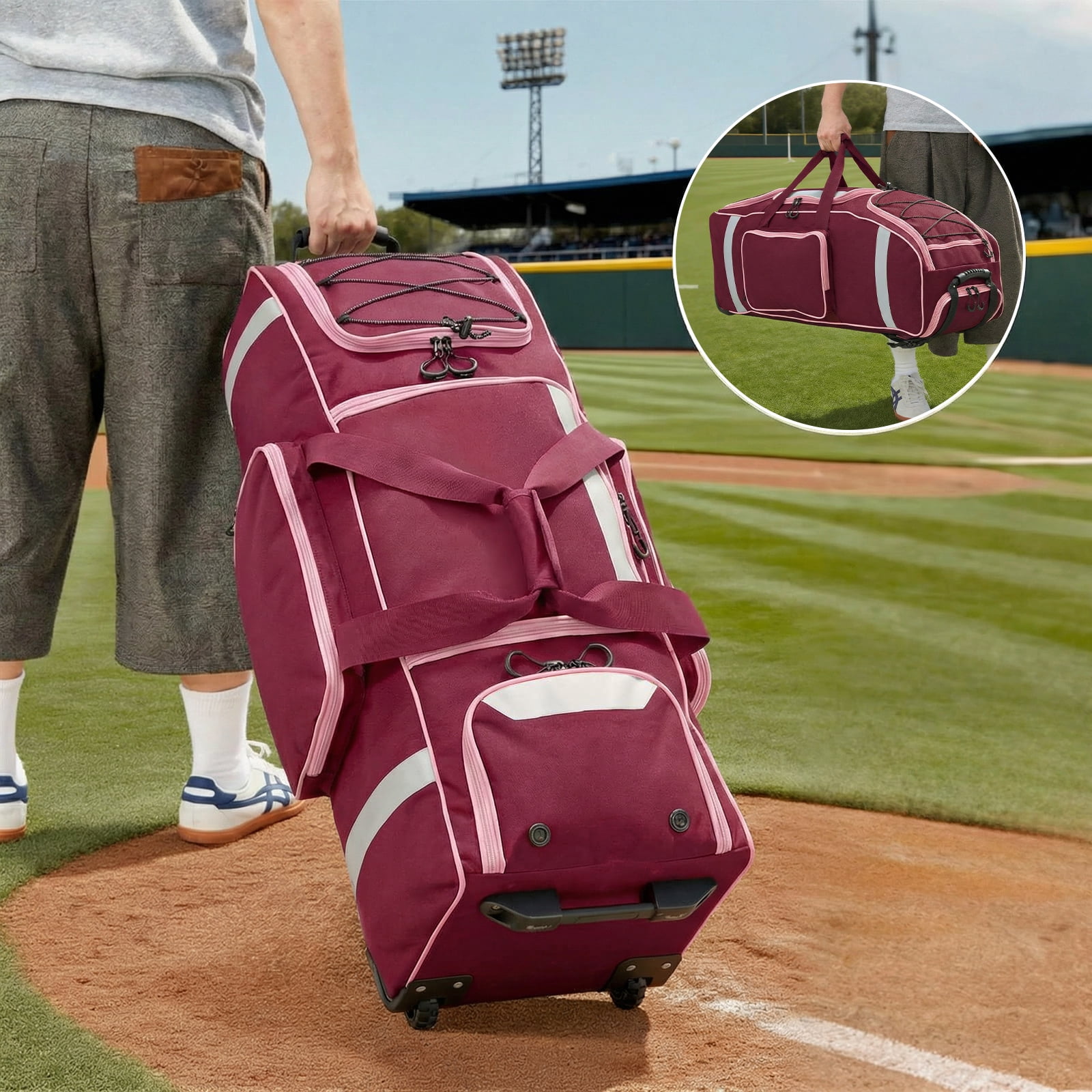 Fegat Large Catcher Gear Bag With Wheels, Soft Rolling Baseball Bag for 4 Bats, Portable Baseball Catcher Bag With Wheels, Multi-Pockets, Fence Hook, Holds All Softball Baseball Equipment