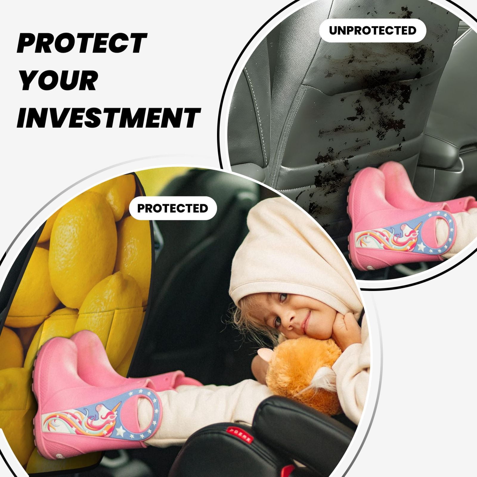Xecao Ripe Yellow Lemon Pattern Car Seat Back Protector 2 Pack Large Capacity Pocket, Kick Mats Back Seat Protector
