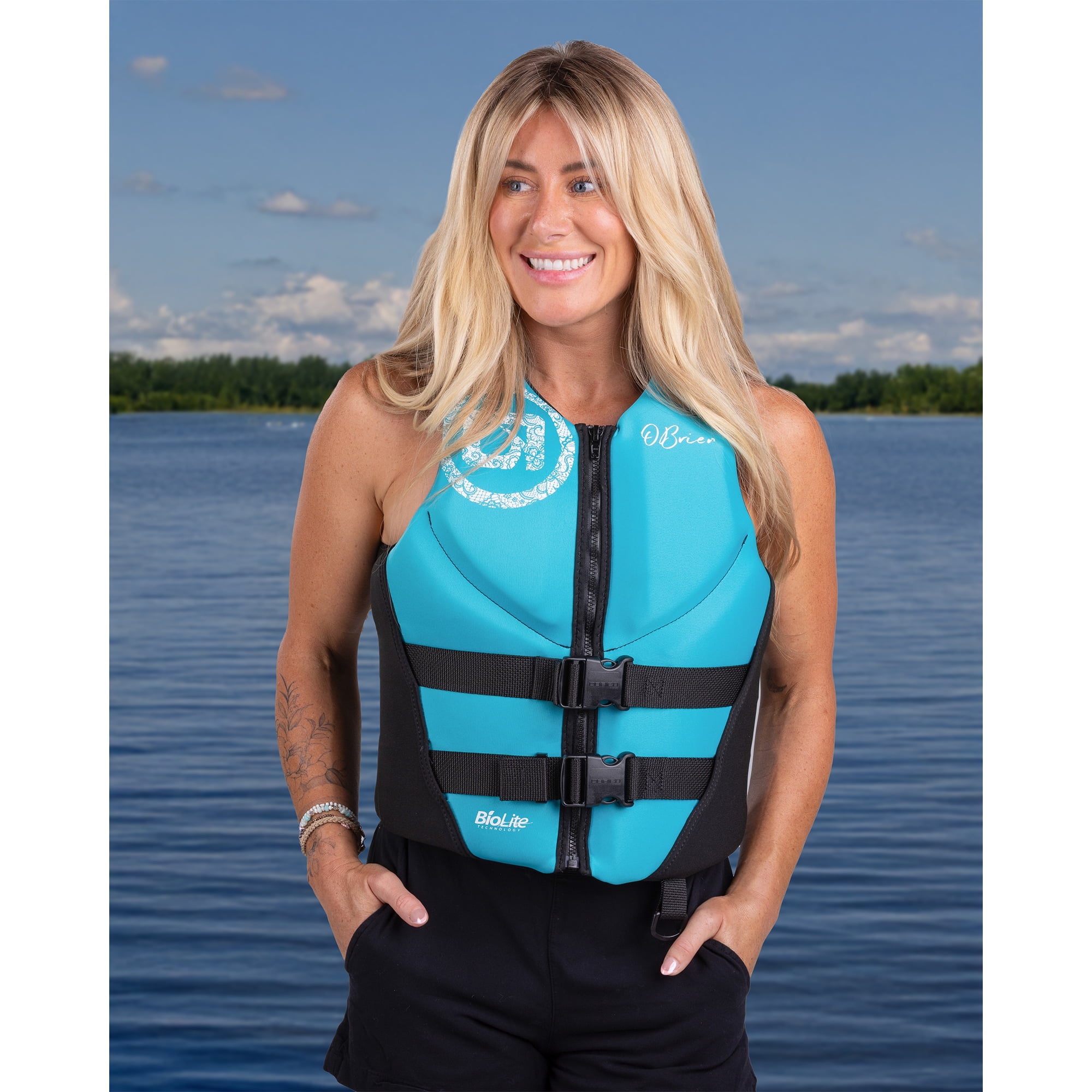 O'Brien Women's Traditional Neoprene USCGA Life Jacket with Zipper, Medium, Black/Aqua