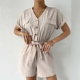 thumbnail image 6 of Womens Summer Basic Shorts Jumpsuit V Neck Button Down Short Sleeve Tank Rompers Casual Loose Fit Wide Leg Short Pant, 6 of 7