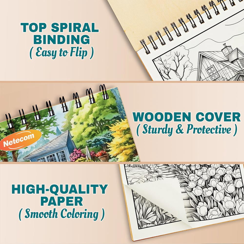 Gardens in Bloom Coloring Book Spiral Bound For Adults, A5 Wooden Cover, 30 Serene Coloring Pages of Blooming Flowers and Tranquil Landscapes for Stress Relief and Relaxation