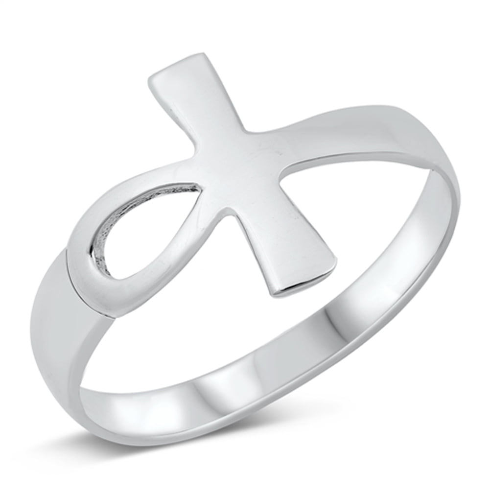 Eye of Horus with Egyptian Ankh Crosses Sterling Silver Unisex Ring