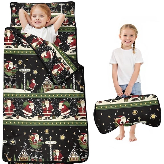 Black Christmas Santa Pattern Toddler Nap Mats for Kids Preschool,50"x20" Sleeping Mat Bag or Kids,Toddler Sleeping Bag,Toddler Nap Mat or Daycare