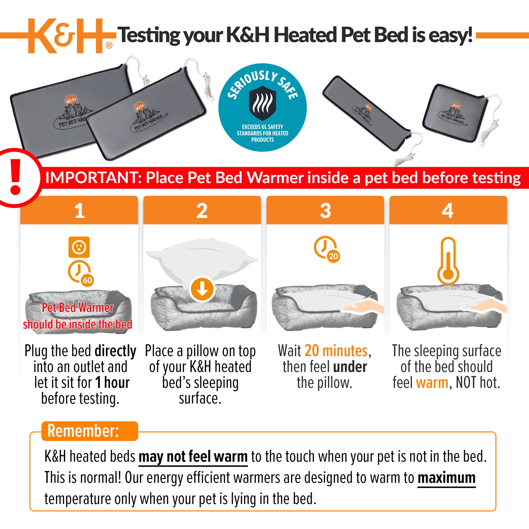 K&H Pet Products Pet Bed Warmer for Cats & Dogs Gray, XL 15.75 x 25.5 inches