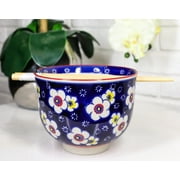 Blue Ume Plum Blossoms Ceramic Donburi Ramen Soup Red Bowl With Chopsticks Set
