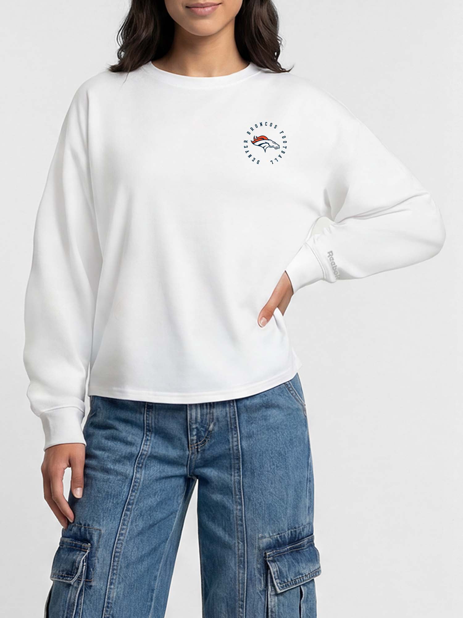 Denver Broncos Reebok Womens White Heavyweight Cotton Long Sleeve Pullover