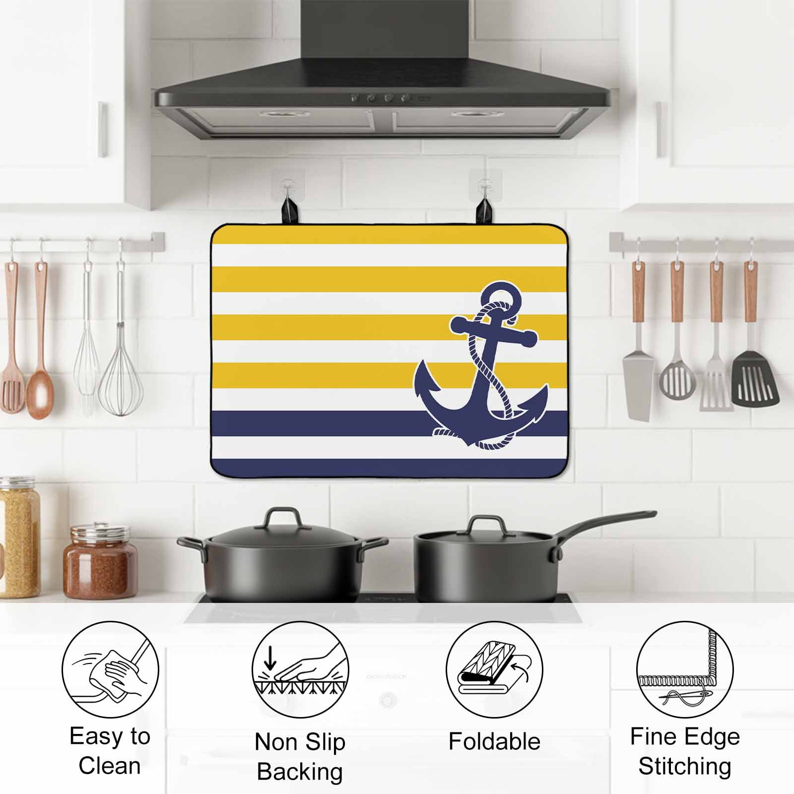 Yellow Striped Stove Top Cover for Electric Stove, Heat-proof & Non Slip Glass Top Stove Cover Protector, Navy Blue Nautical Anchor Geometric Kitchen Flat Cooktop Rubber Mat 24x21 Inches