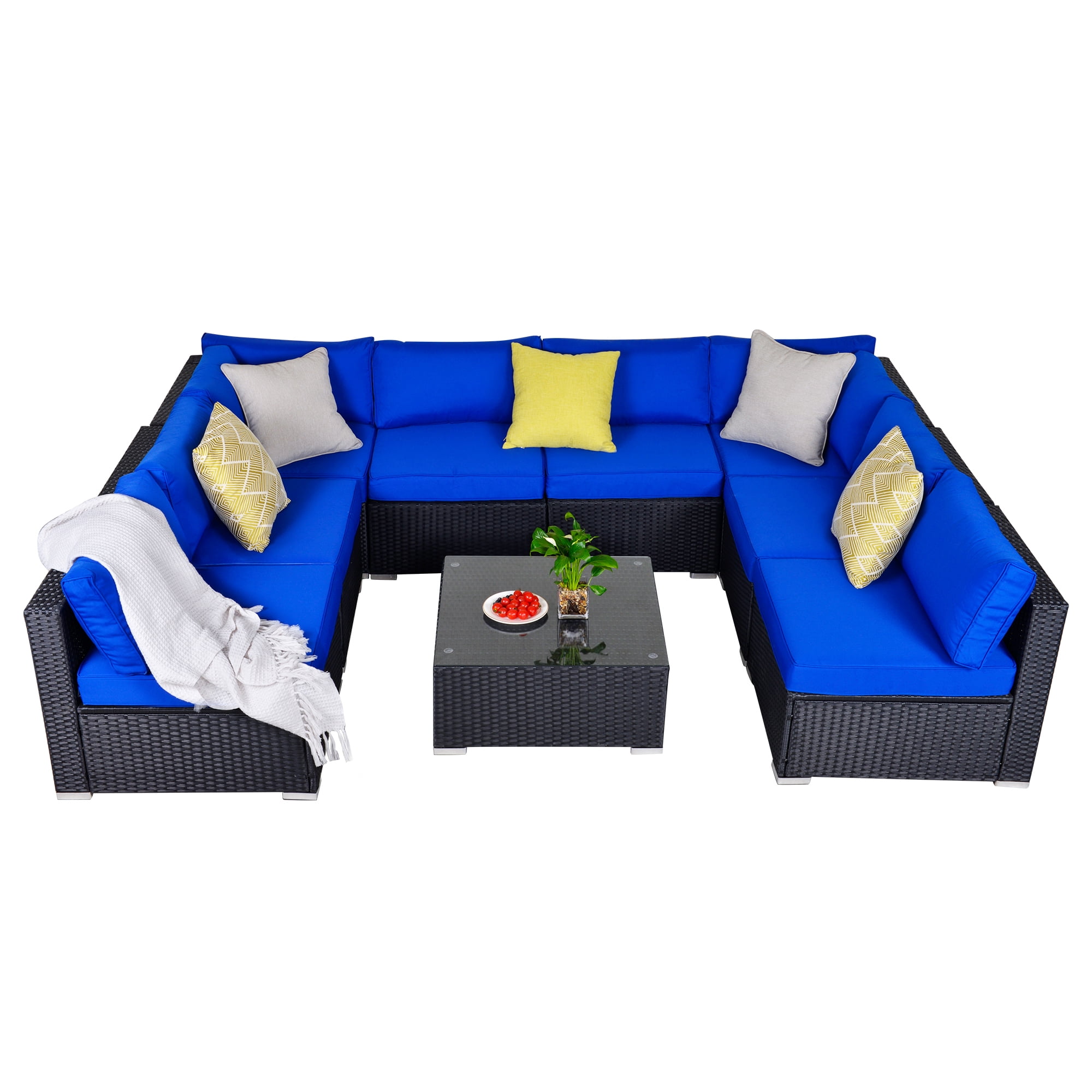 Cozyhom 9Piece Wicker Patio Combo Conversation Set with Navy Blue