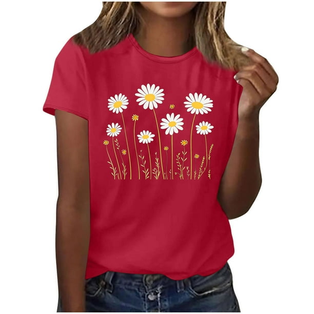 Camisas de Manga Corta para las Mujeres Moda Casual Impresión Cuello Redondo Suéter Tee Blusas