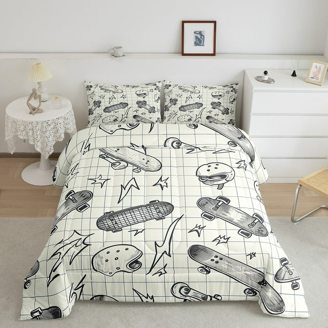 YST Ensembles de Douillette Casque de Planche à Roulettes pour Garçons Ados Style Hip-Hop Moderne Literie 2 Pcs Simple, Croquis Dessinés à la Main Douillette Géométrique à Carreaux Douillette en Duvet pour Enfants