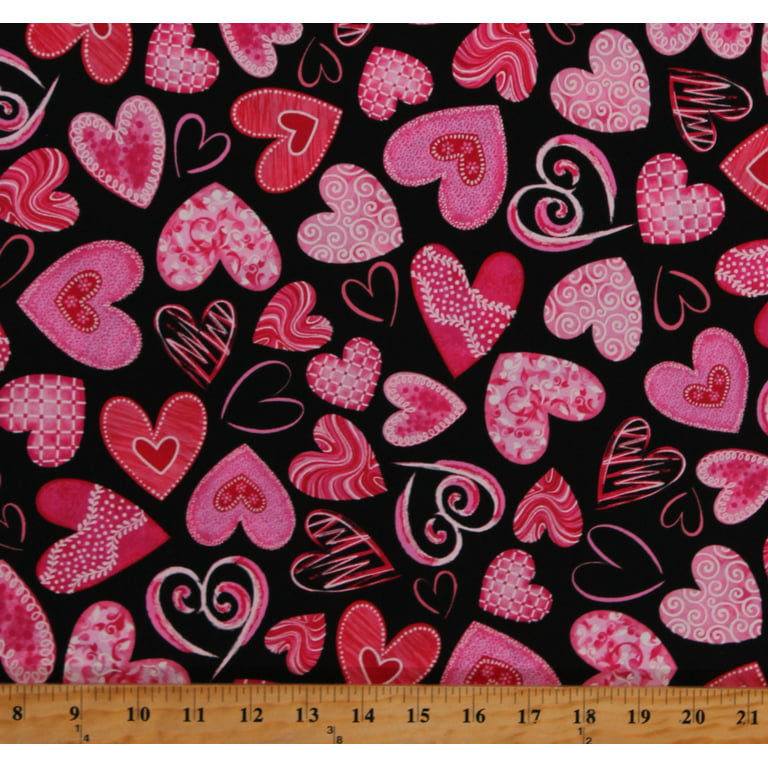 Vintage Valentine Fabric Novelty Hearts on Black Premium Cotton Estate Find  OOP