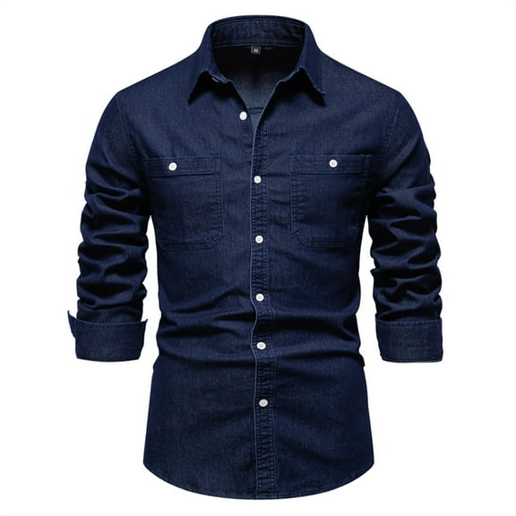 Mens T-shirts Men's Fashion New Fall Casual Long Sleeve Slim Denim Shirt Long Sleeve Soccer Shirts for Men Short Athletic Men Fluff Yeah Slide Trendy Fashion Casual Shirts Teens Large Neck Navy M