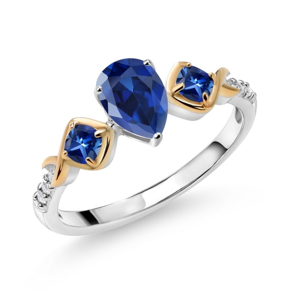 Gem Stone King 1.31 Ct Pear Shape Blue Created Sapphire 925 Silver and 10K Yellow Gold Ring (Size 6)