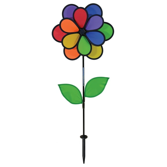 In the Breeze 2654 — 14" Rainbow Double Flower with Leaves, Colorful Outdoor Spinner