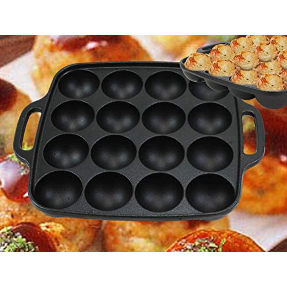 Ebros Personal Traditional Cast Iron Japanese Takoyaki Plate Pan 16 Holes Grill