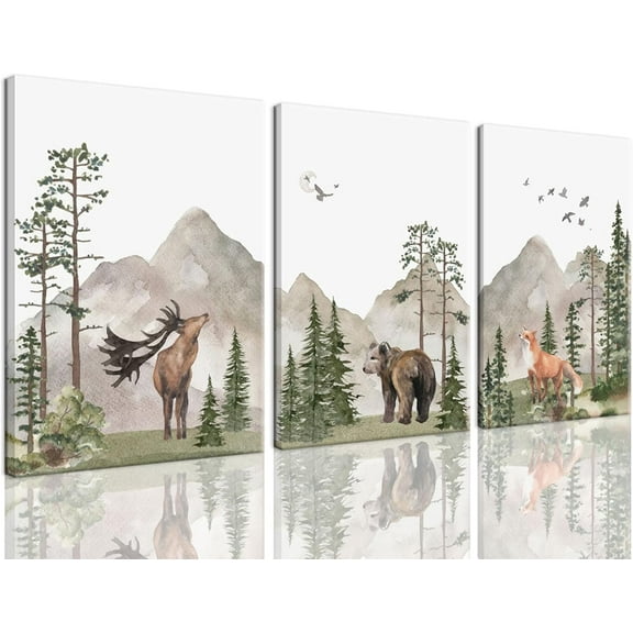 Hieng 3 Piece Nursery Woodland Wildlife Canvas Wall Art Animal Forest Bear Fox Cute Wall Art Decor Poster Print Painting For Boy Baby Children's Room Unframed (only canvas)