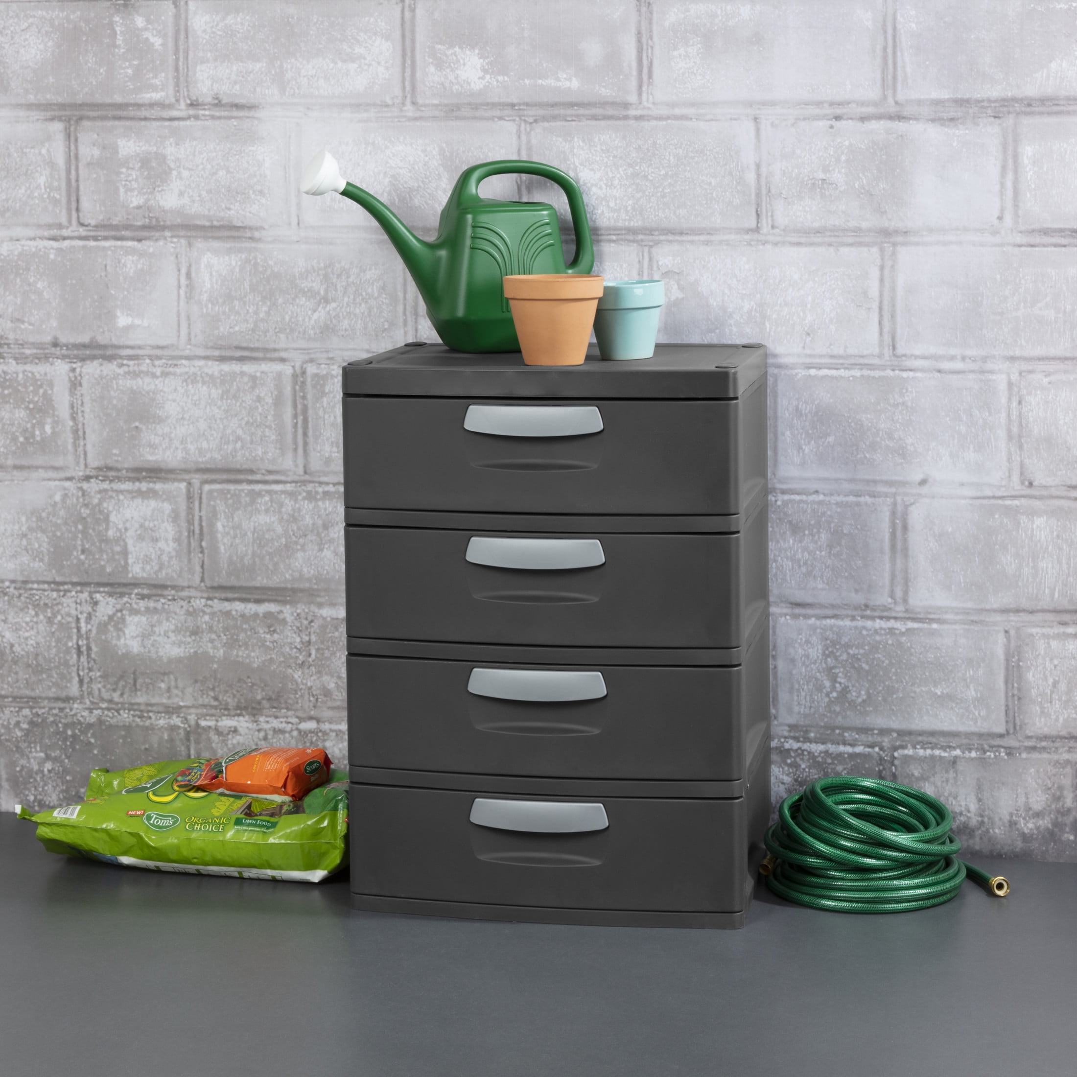 (2 pack) Sterilite 4 Drawer Unit, Durable Plastic Storage Solution for Garages and Basements, Dark Gray