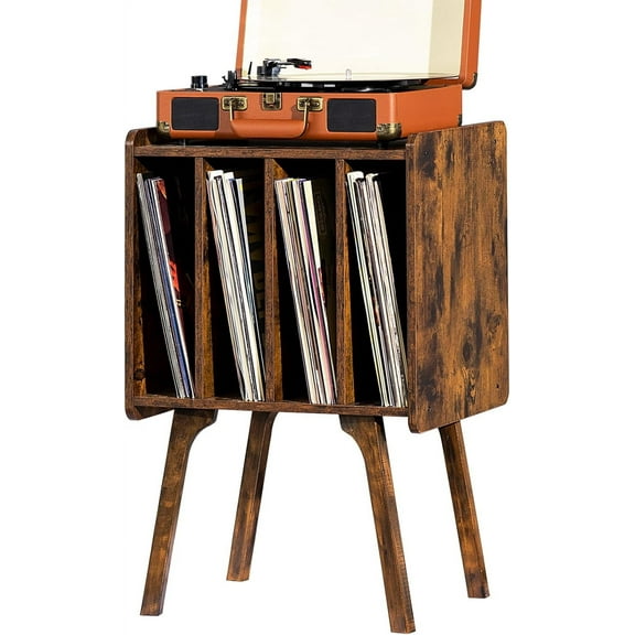 YANGLI Record Player Stand with 4 Cabinets, Holds 100 Albums, Rustic Brown