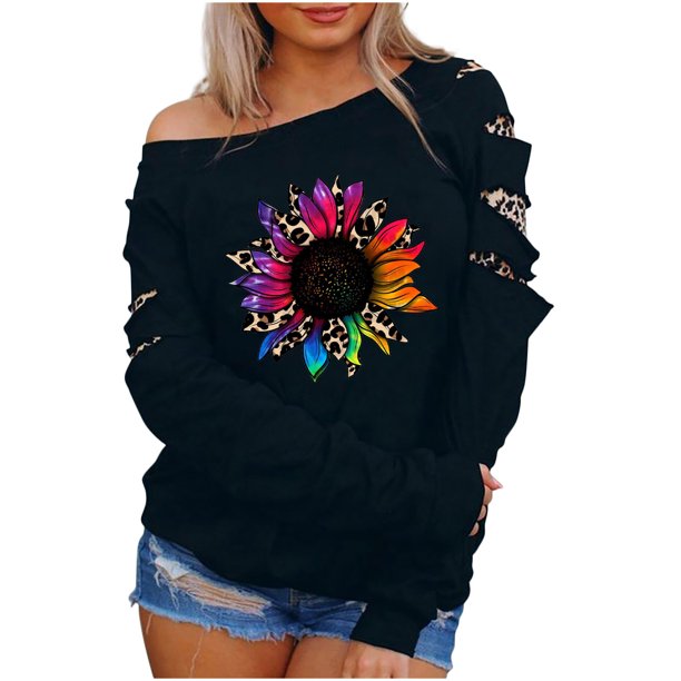 Camisas casuales florales de manga larga para mujer Estampado de girasol Cuello redondo Estampado de leopardo Costura Mangas caídas Túnica Tops Cuello redondo Blusa de manga larga Pompotops gfhjh10923