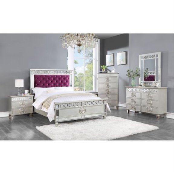 Acme Varian Full Bed Burgundy Velvet, Silver & Mirrored Finish