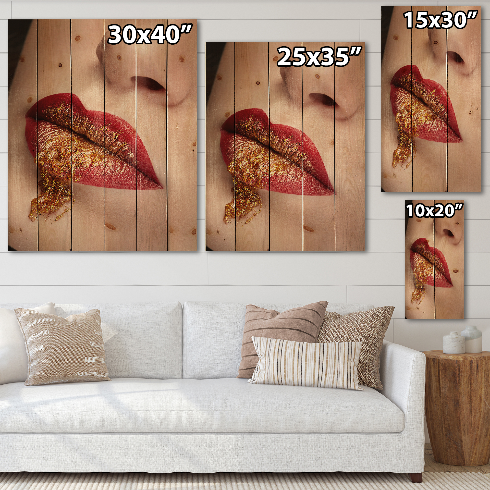 Designart 'Close Up Lips With Gold and Red Make Up' Modern Print on Natural Pine Wood