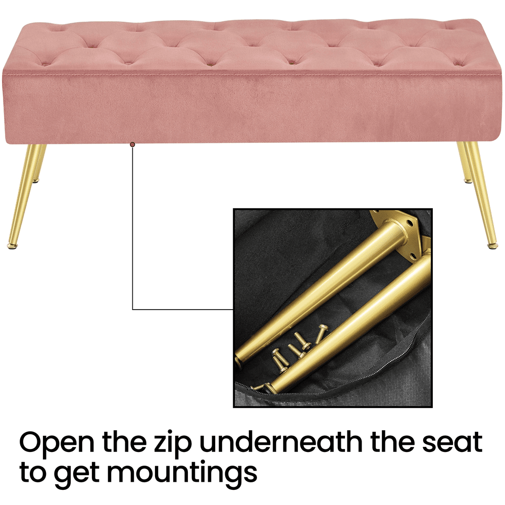 Yaheetech Modern Velvet Bench Upholstered Ottoman Footrest Stool Button Tufted with Gold Metal Legs, Pink
