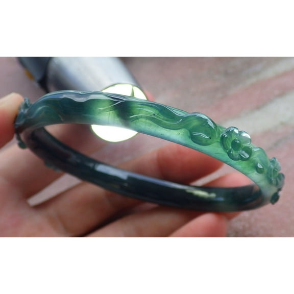 Certified Icy Green Burma 100% Natural A JADE Jadeite Flower Bangle Bracelet 61 mm 666091 TN