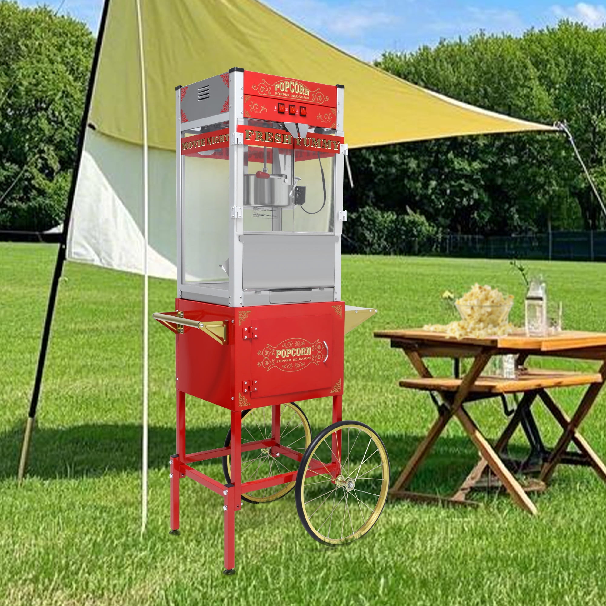 Aukfa Vintage 20-Ounce Popcorn Maker Machine with Cart, 64 Inches Tall, Kernel Measuring Cup, Oil Measuring Spoon and Scoop, 16-Inch Wheels, Red