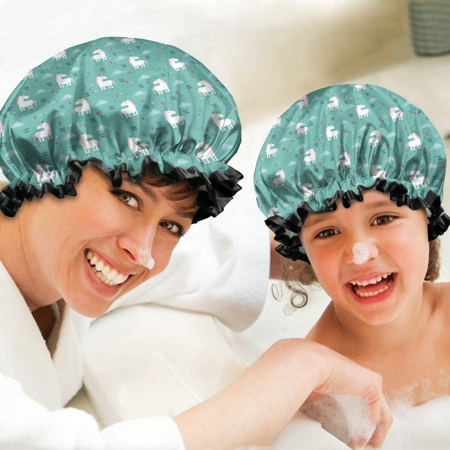 Shower Caps,Green Cartoon Unicorn Pattern Waterproof Shower Cap for Women 4 Pieces,Double Reusable Hair Cover for Shower PEVA Elastic Stretch Hem