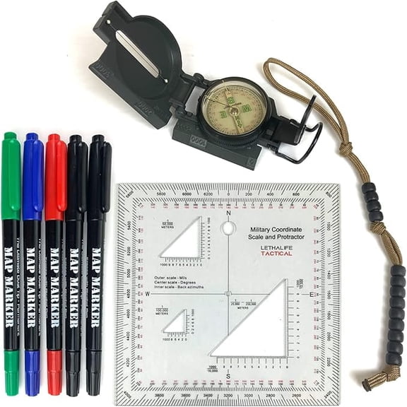 Land Nav Kit with Lensatic Compass, Protractor, Pace Counter & Map Markers