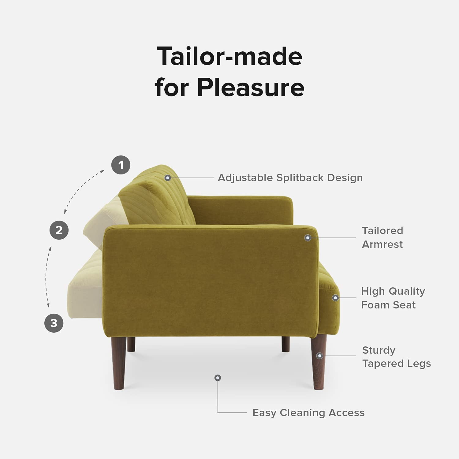 Mopio Aaron Futon Convertible Sofa Sleeper Futon With Arms Split Back Design 77.5" Mustard Olive ...