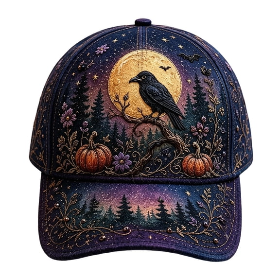 3D Halloween Embroidered Baseball Cap,Raven Pumpkin Forest Moon Design Adjustable Sun Hat for Unisex,for Fall Halloween Holiday Party Outdoor Daily Wear