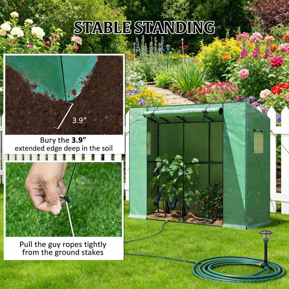 Lean-to-Wall Mini Greenhouse Green UV-Resistant PE Cover, Roll-Up Door & Mesh Windows, Pent Roof Anti-Rain Accumulation, Stable with Guy Ropes & Ground Stakes