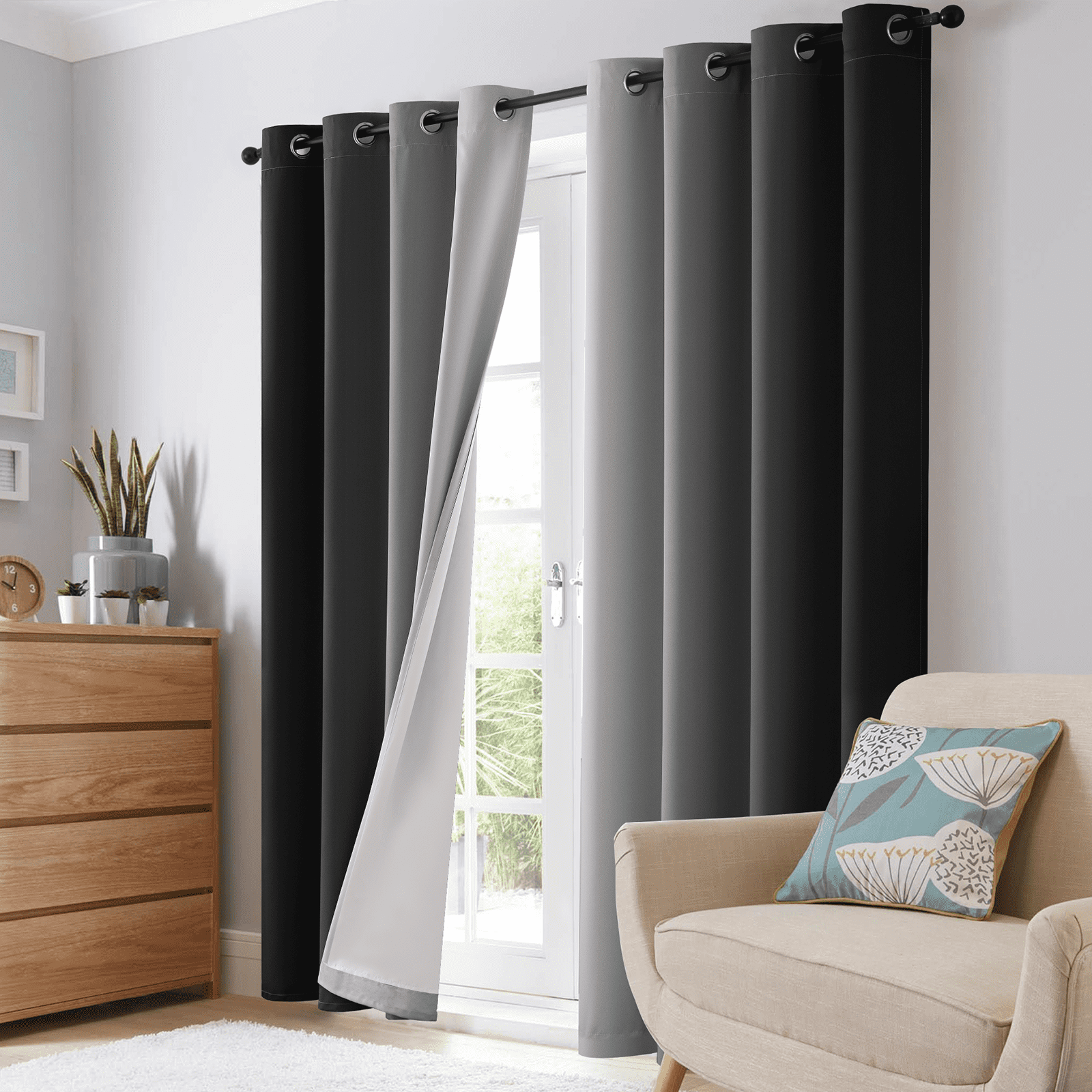 Yakamok 100% Blackout Curtains 84 Inch Length 2 Layers,Black Curtains for Bedroom Ombre Room Darkening Grommet Gradient Drapes, Light Blocking Thermal Insulated Window Curtains for Living Room